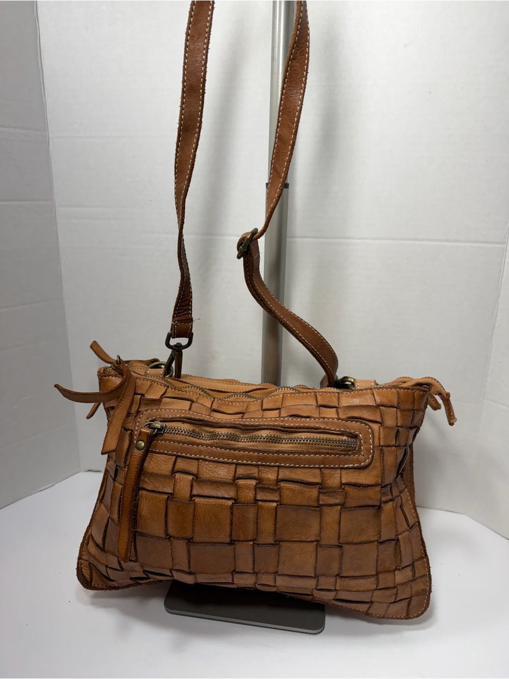Costanza Rota Brown Leather Woven Crossbody Bag Made In Italy Handbag Purse